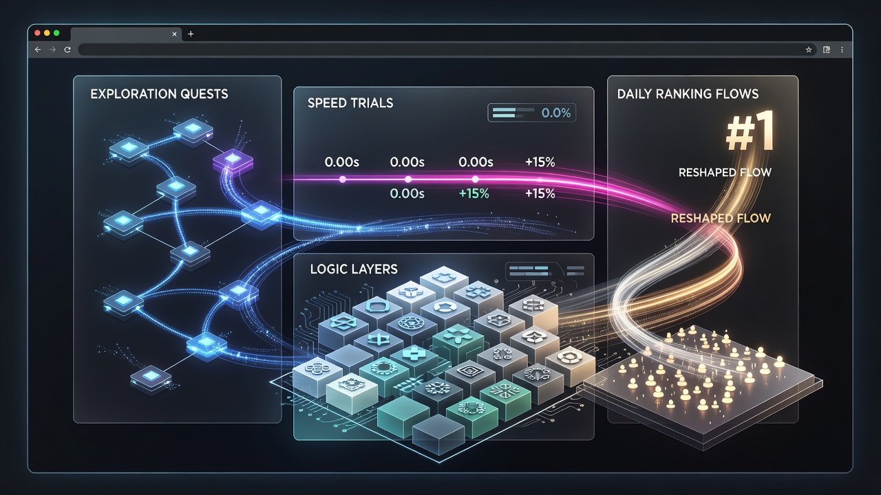 Browser hybrid game interface adapting across devices with exploration quest panels, speed trial timers, and logic puzzle overlays visible on a desktop and mobile screen