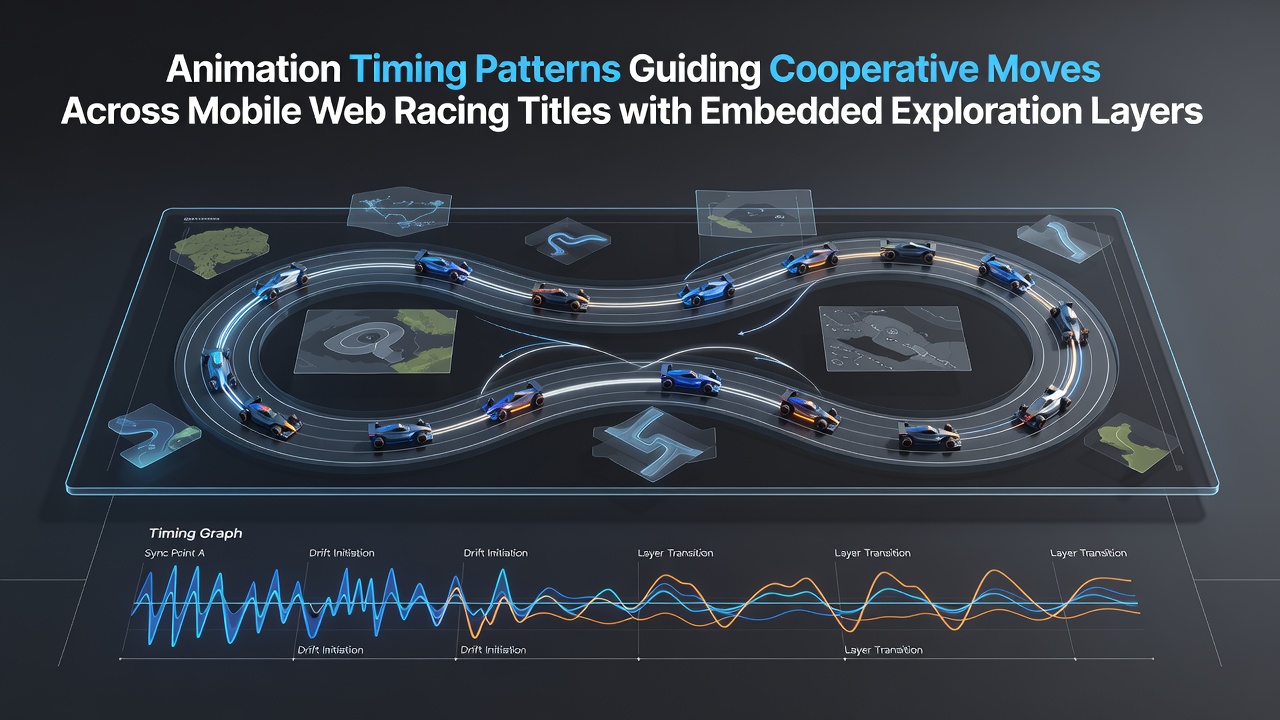Mobile web racing game interface showing synchronized character animations during a cooperative exploration segment