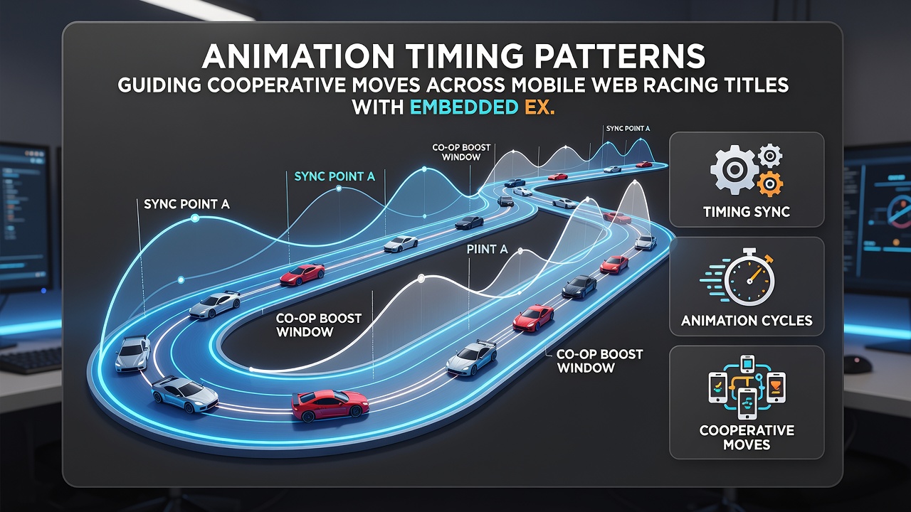 Close-up view of mobile browser racing game with overlaid animation timeline markers for cooperative exploration