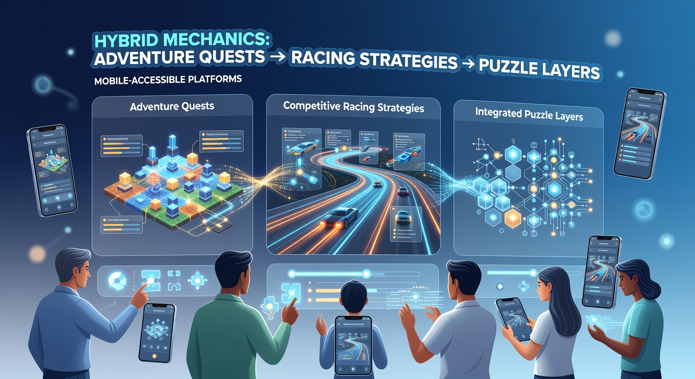 Browser gaming interface showing integrated adventure quest markers alongside racing tracks and puzzle elements on a mobile screen