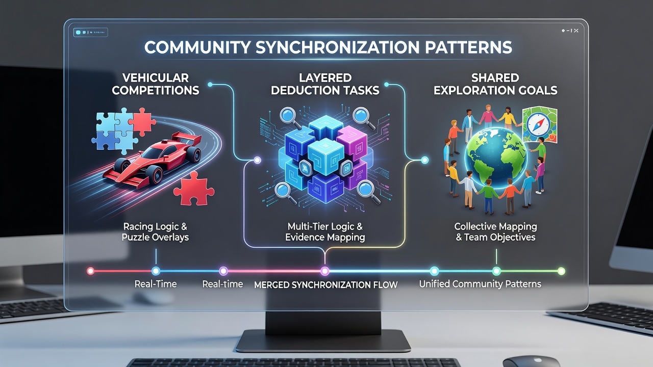 Browser-based racing puzzle game interface showing synchronized player markers on a shared map with deduction clues overlaid on vehicular routes