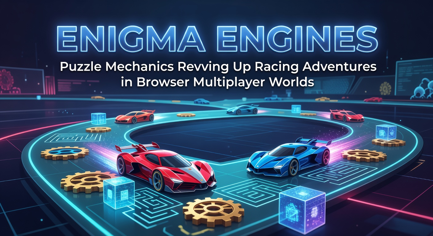 Dynamic screenshot of Enigma Engines gameplay, featuring neon-lit tracks where racers solve interlocking puzzles mid-race in a vibrant multiplayer browser arena