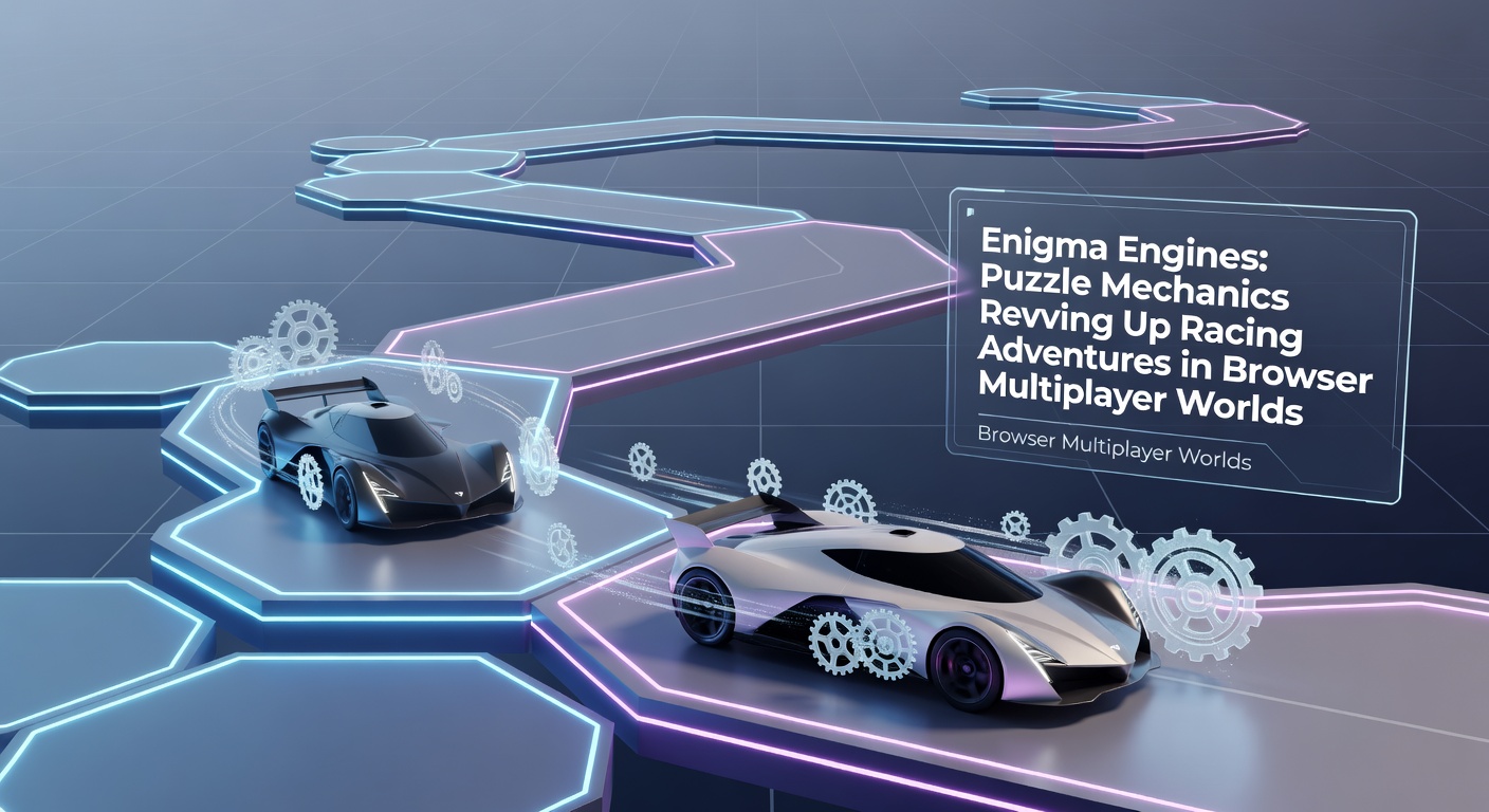 Intense multiplayer lobby in Enigma Engines, capturing racers navigating a puzzle-infused track with glowing enigmas and rival vehicles in hot pursuit