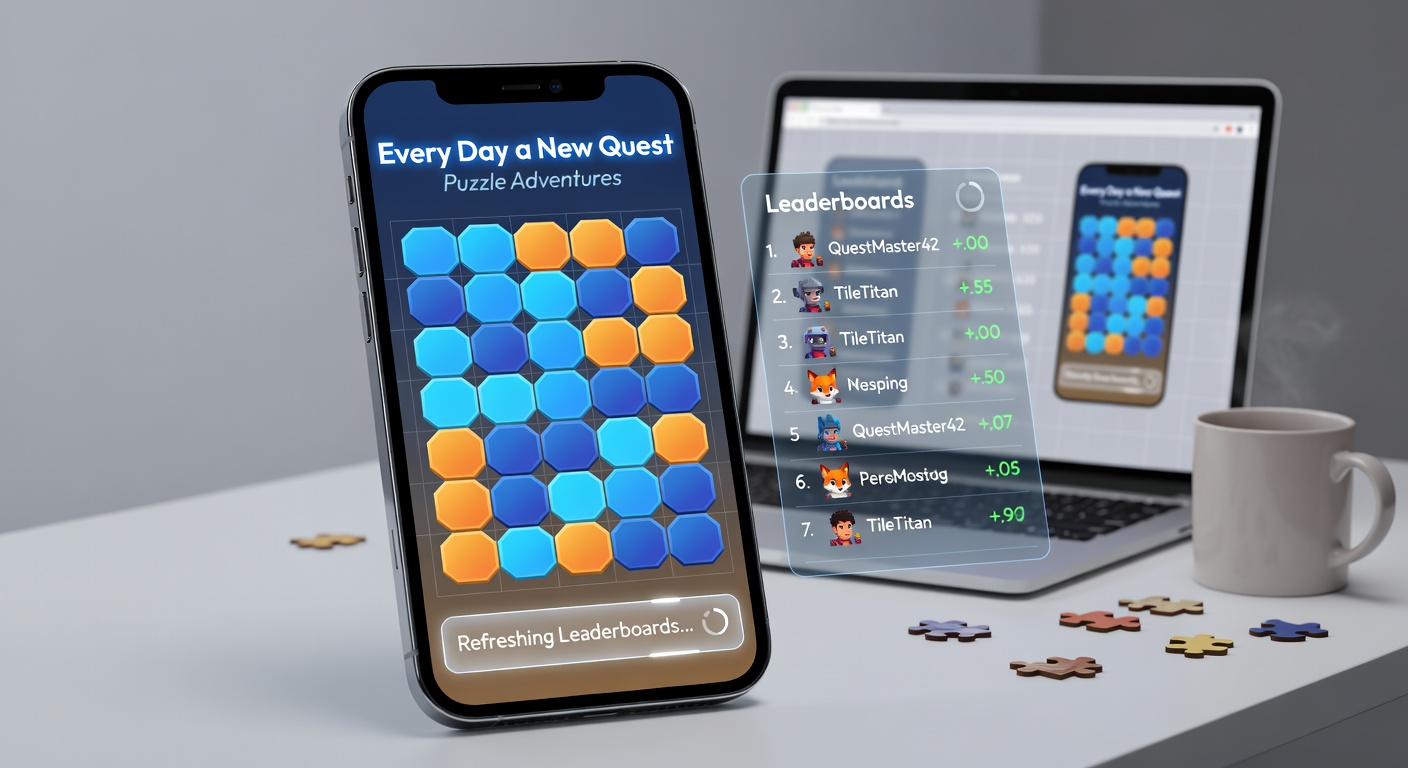 A vibrant mobile browser screen displaying a daily puzzle quest leaderboard with colorful adventure-themed icons and player rankings updating in real-time