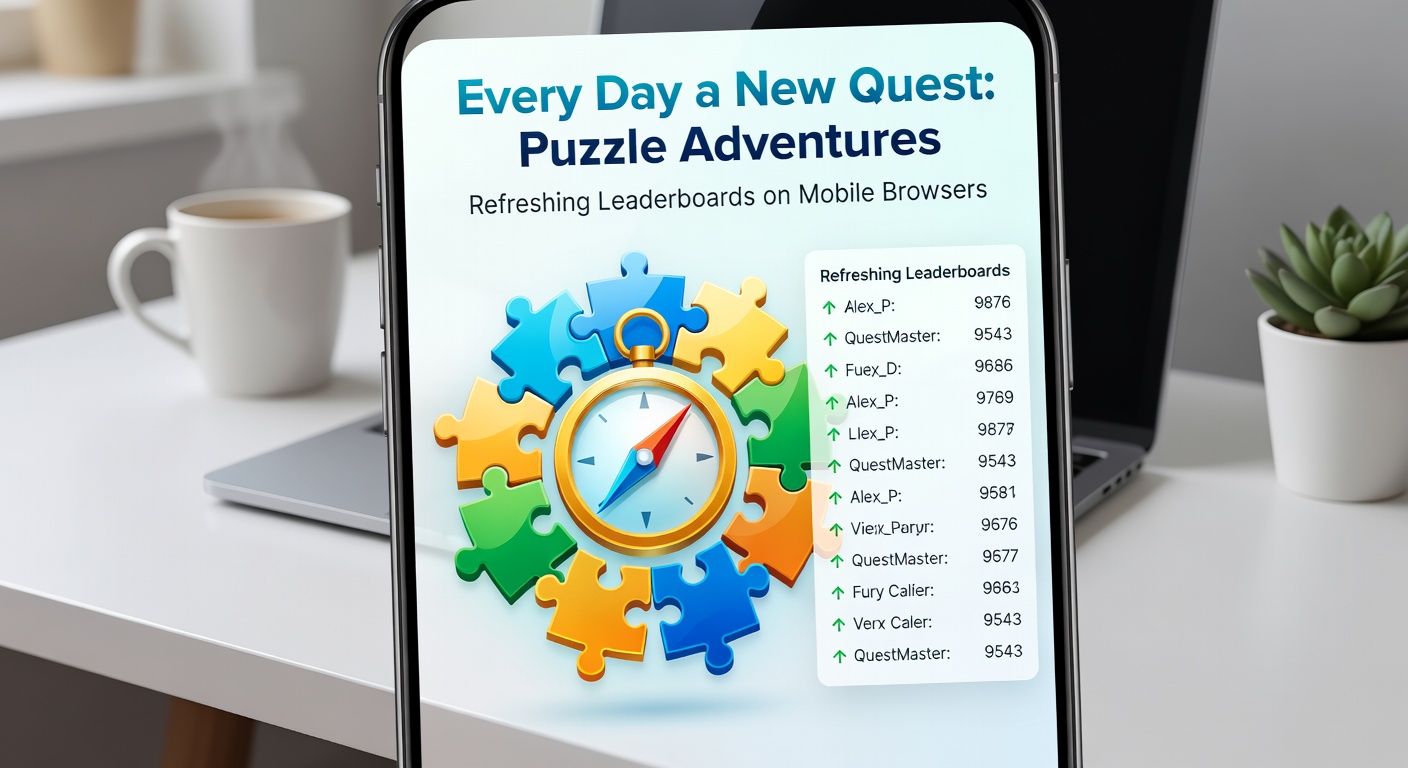 Close-up of a mobile browser leaderboard during a daily quest refresh, showing puzzle adventure scores climbing with animated updates and player avatars