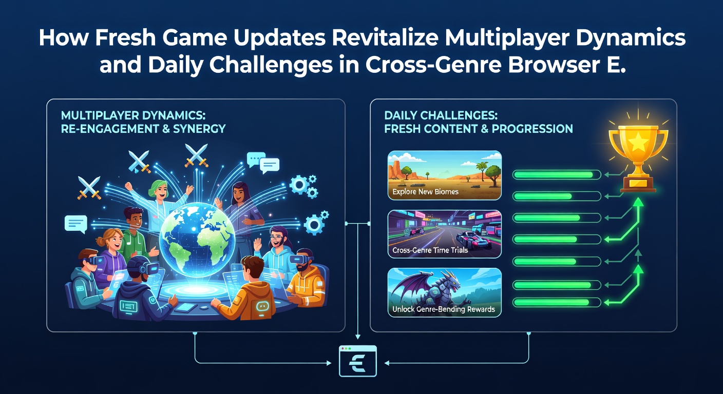 Updated browser game interface showing new daily challenge cards alongside multiplayer lobby statistics and cross-genre progression tracks