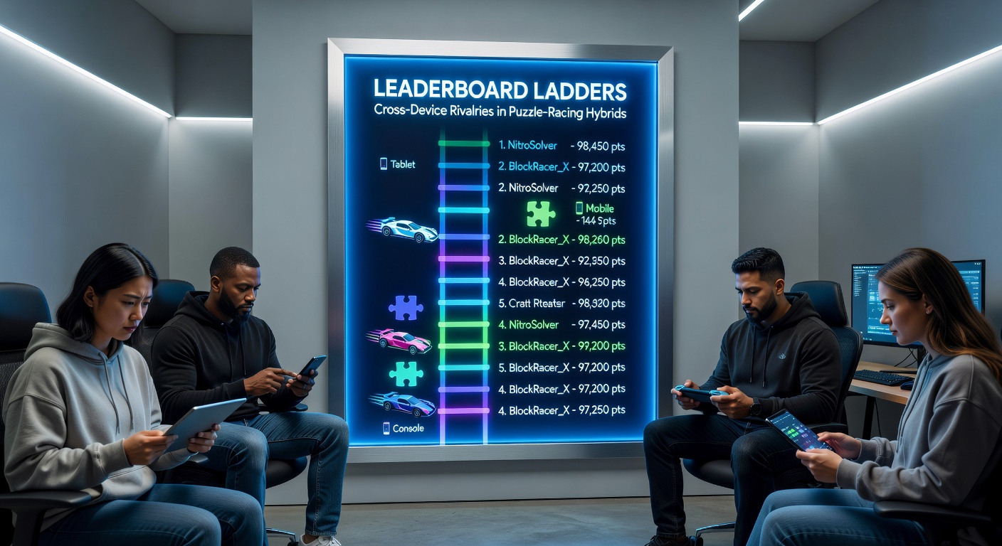 Close-up of cross-device synchronization interface in a puzzle-racing hybrid, highlighting rival player profiles and synced scores