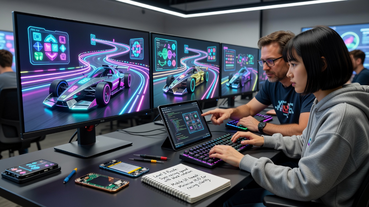 Modders collaborating on browser-based racing puzzle adventures accessible via mobile devices