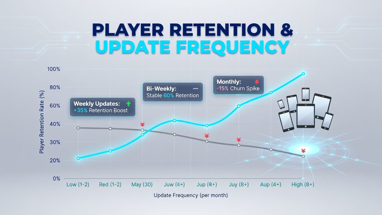 Charts displaying player retention rates alongside update schedules in mobile web gaming platforms