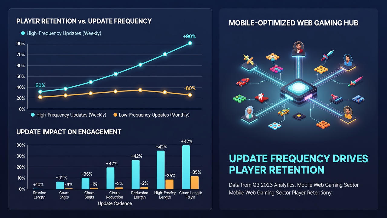 Mobile device screenshots showing update notifications and player activity dashboards in web-based gaming hubs