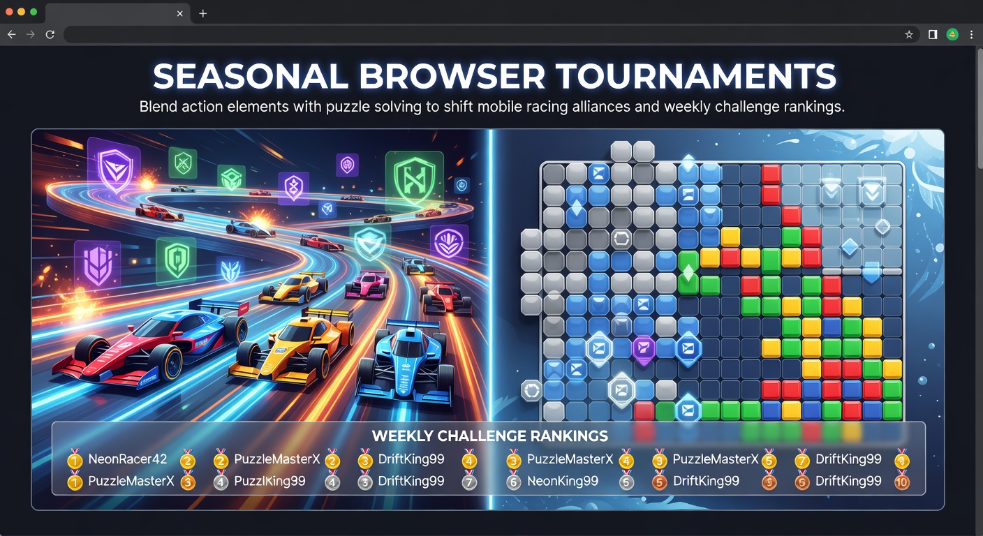 Players navigating a browser-based racing tournament that mixes high-speed action with strategic puzzle challenges on mobile devices
