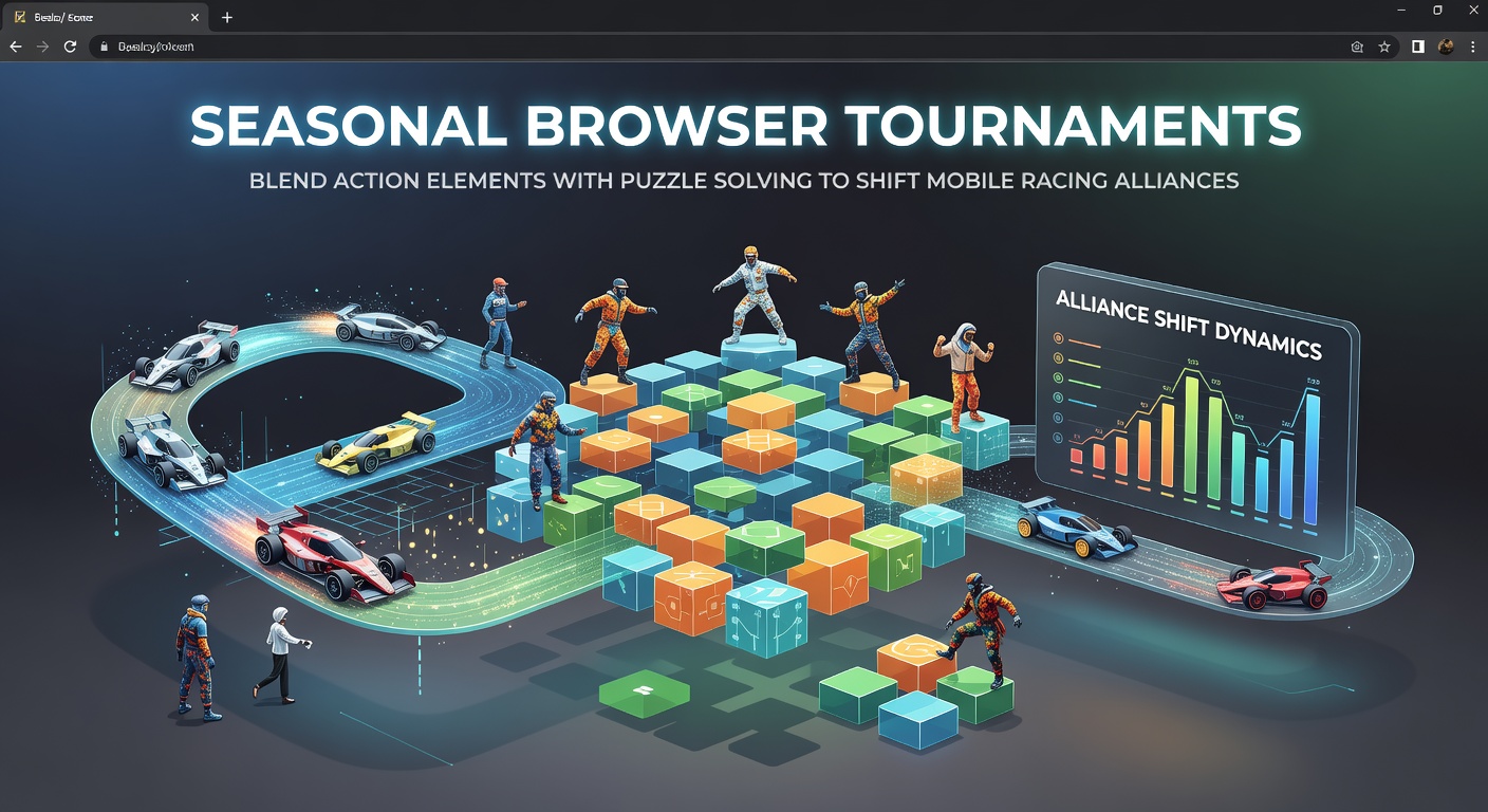 Mobile leaderboard interface displaying weekly rankings from a seasonal browser tournament that combines racing action with puzzle-based progression