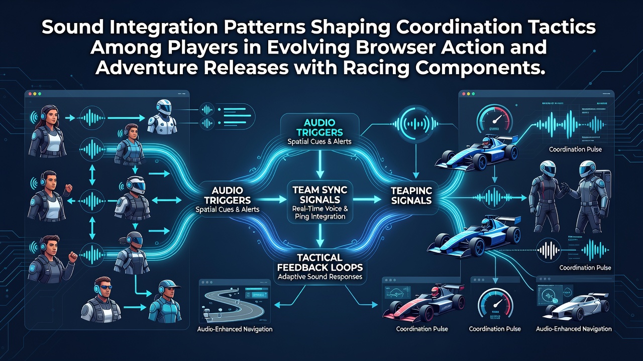 Browser game interface displaying layered audio cues overlaid on a racing track with adventure exploration elements and player markers