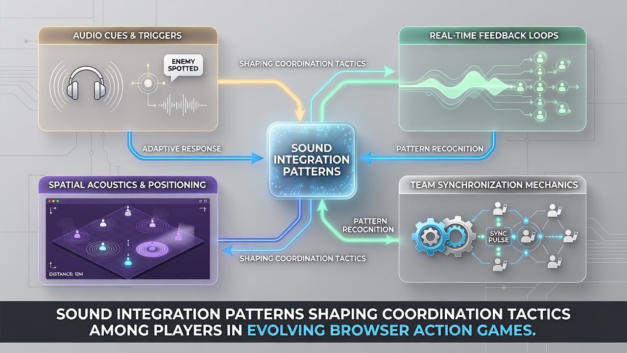 Multiple players coordinating via spatial audio signals during a browser-based racing and exploration sequence with highlighted sound wave overlays
