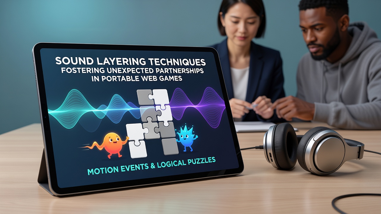 Sound layering interface in a portable web game showing layered audio tracks synced with motion controls and puzzle elements