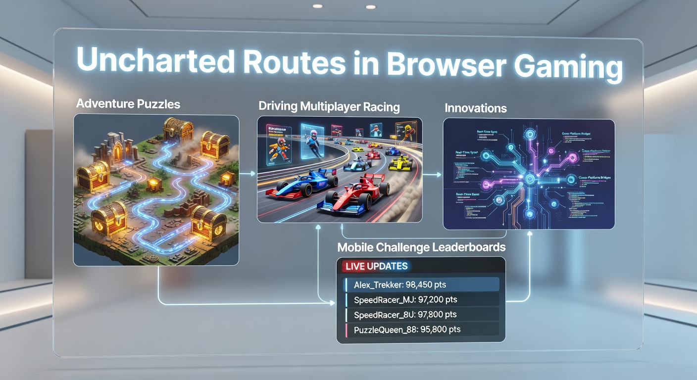 Browser gaming interface showing puzzle elements integrated into a multiplayer racing track with mobile leaderboard overlays