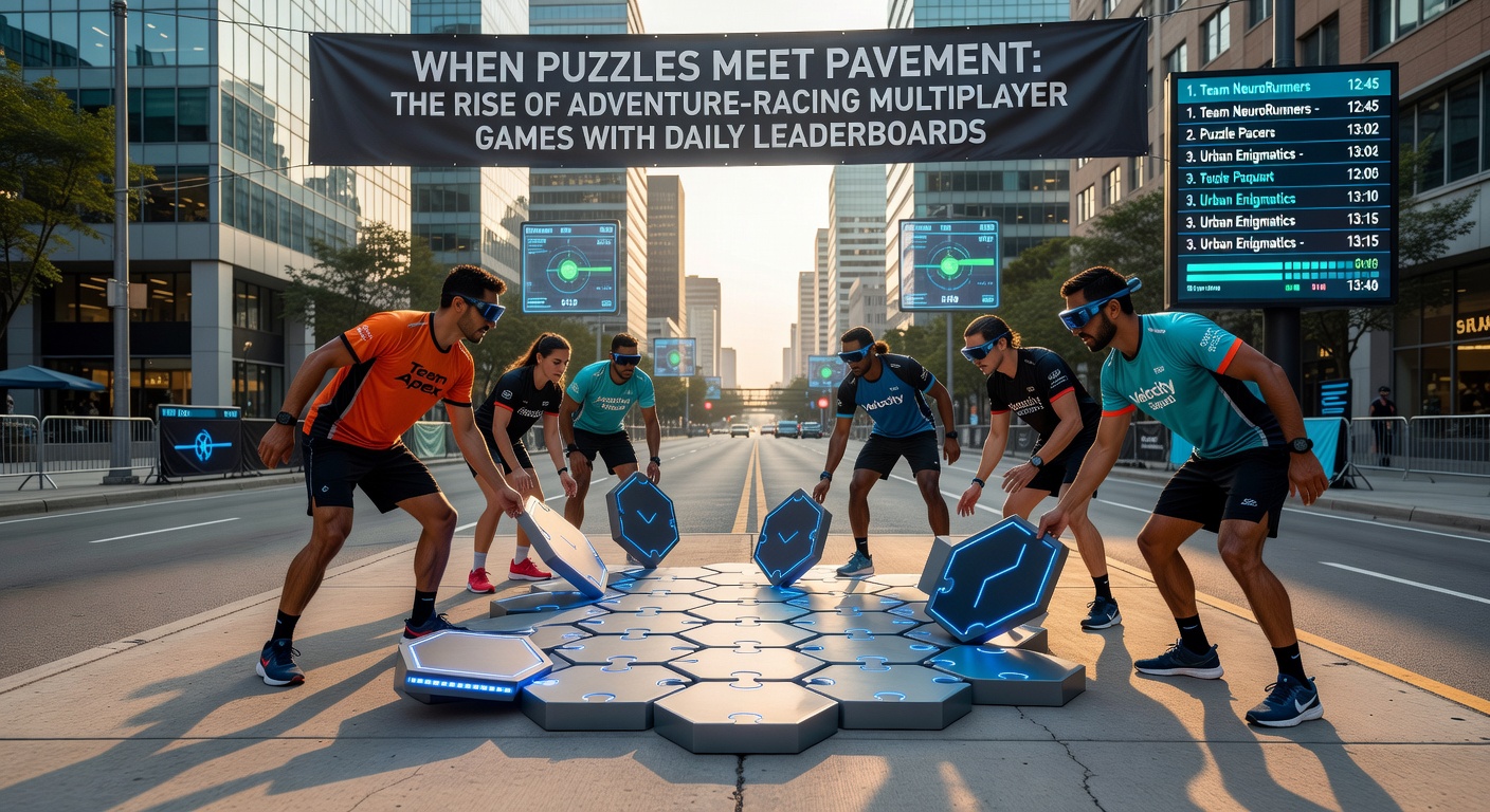 Players competing in a vibrant adventure-racing multiplayer game, solving puzzles on twisting pavement tracks while checking daily leaderboards